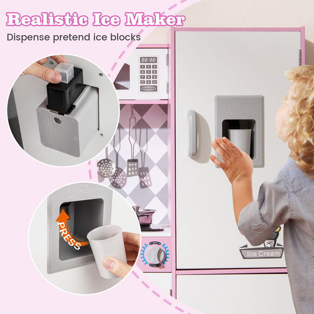 Costway Kids Pink Kitchen Play Set with Ice Maker and Cooking Stove Image 5