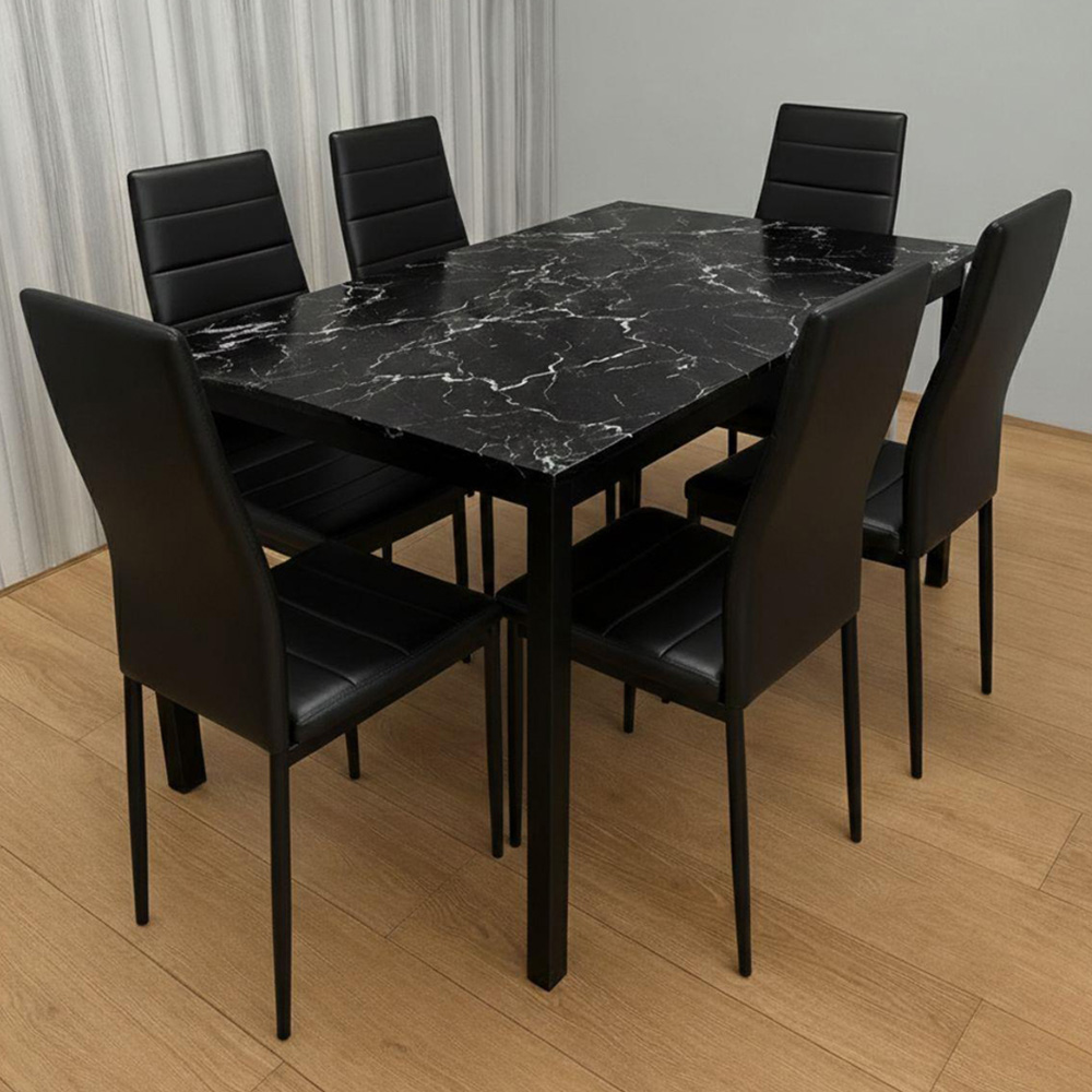 Portland 6 Seater Faux Leather Marble Effect Tabletop Dining Set Black Image 1