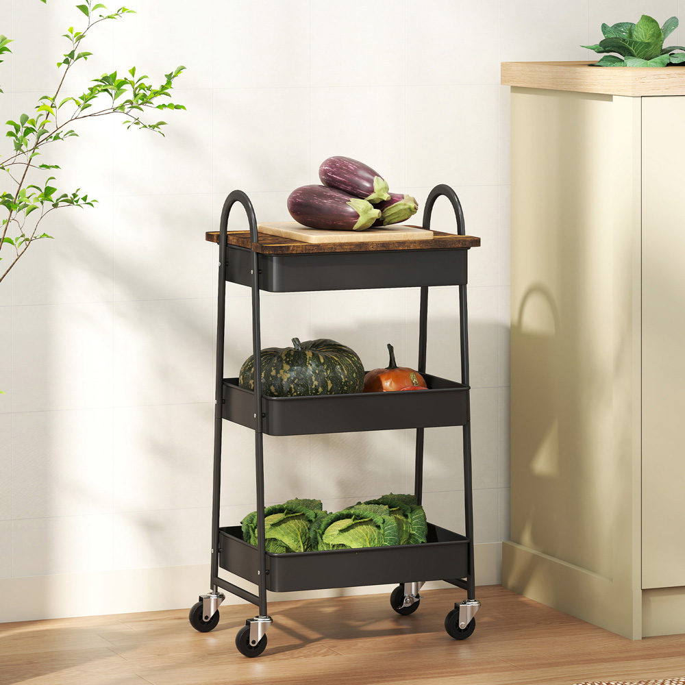 Portland 3 Tier Rustic Brown and Black Rolling Utility Cart with Mesh Baskets Image 7