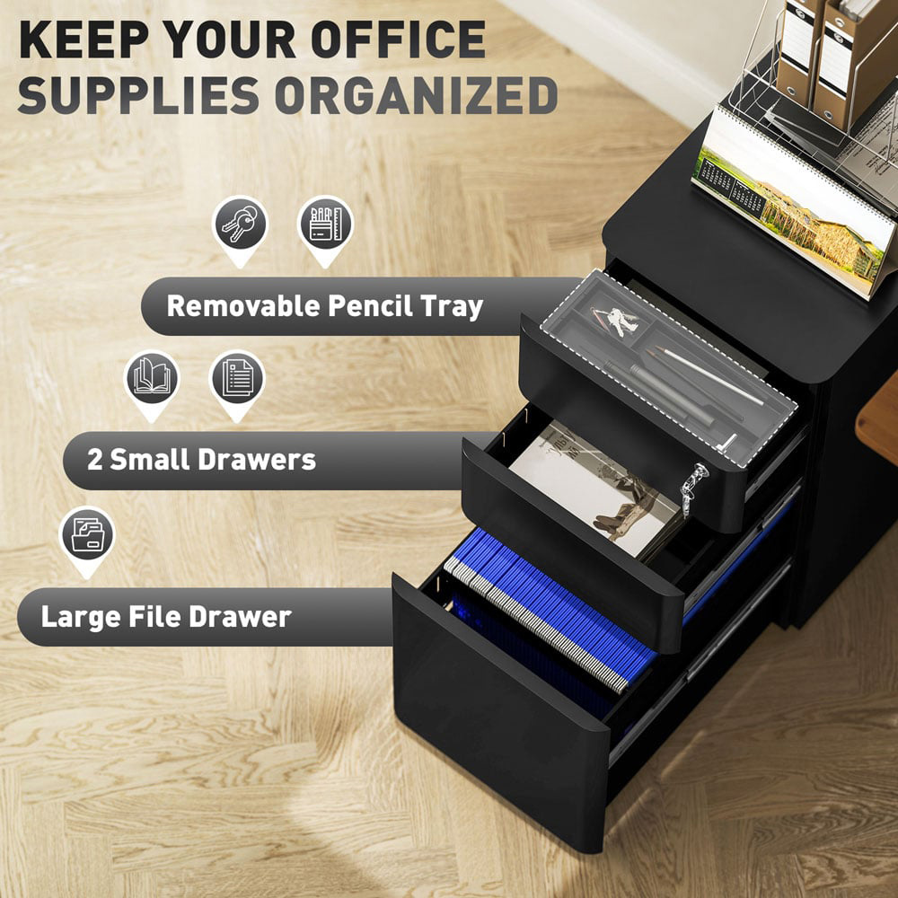 Vinsetto 3 Drawer Black Steel Lockable Filing Cabinet on Wheels Image 4