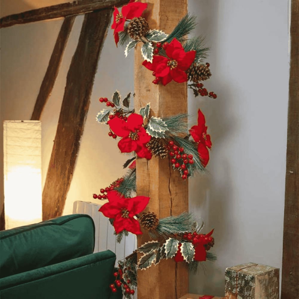 Samuel Alexander Red and Green Poinsettia Garland with Pinecones and Foliage 180cm Image 2