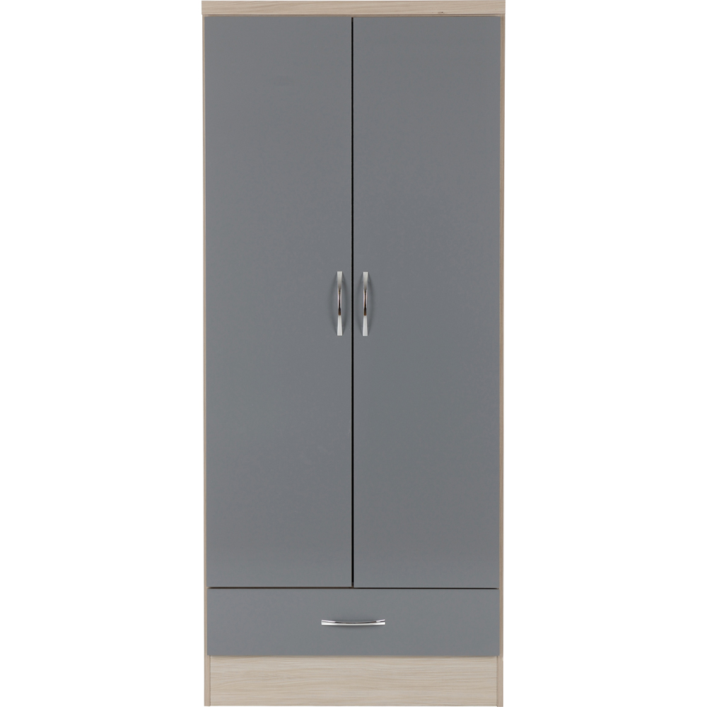 Seconique Nevada 2 Door Single Drawer Grey Gloss and Light Oak Veneer Wardrobe Image 3