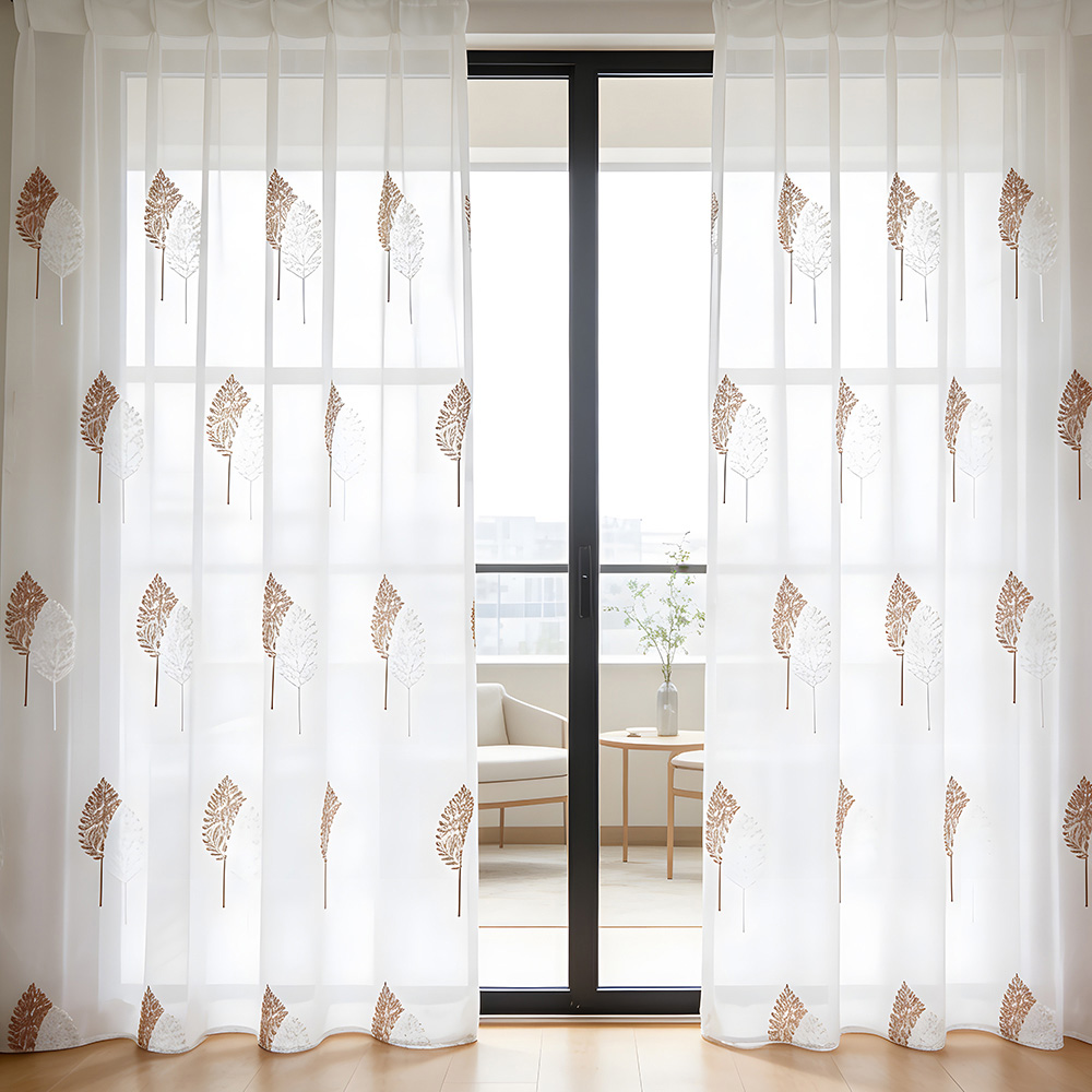 Living and Home Semi-Sheer Embroidered Leaf Curtains 130 x 240cm Image 1