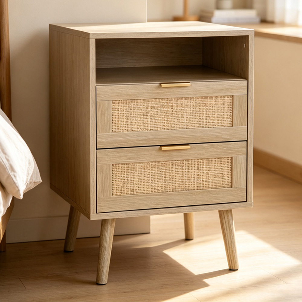 Living and Home 2 Drawer Single Shelf Natural Wooden Rattan Nightstand Image 1