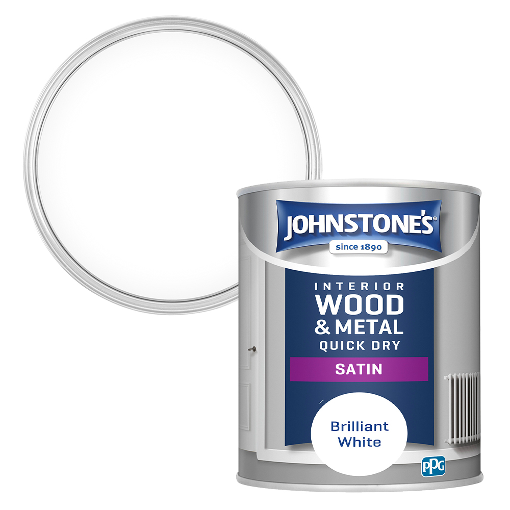 Johnstone's Quick Dry Metal and Wood Brilliant White Satin Paint 750ml Image 1