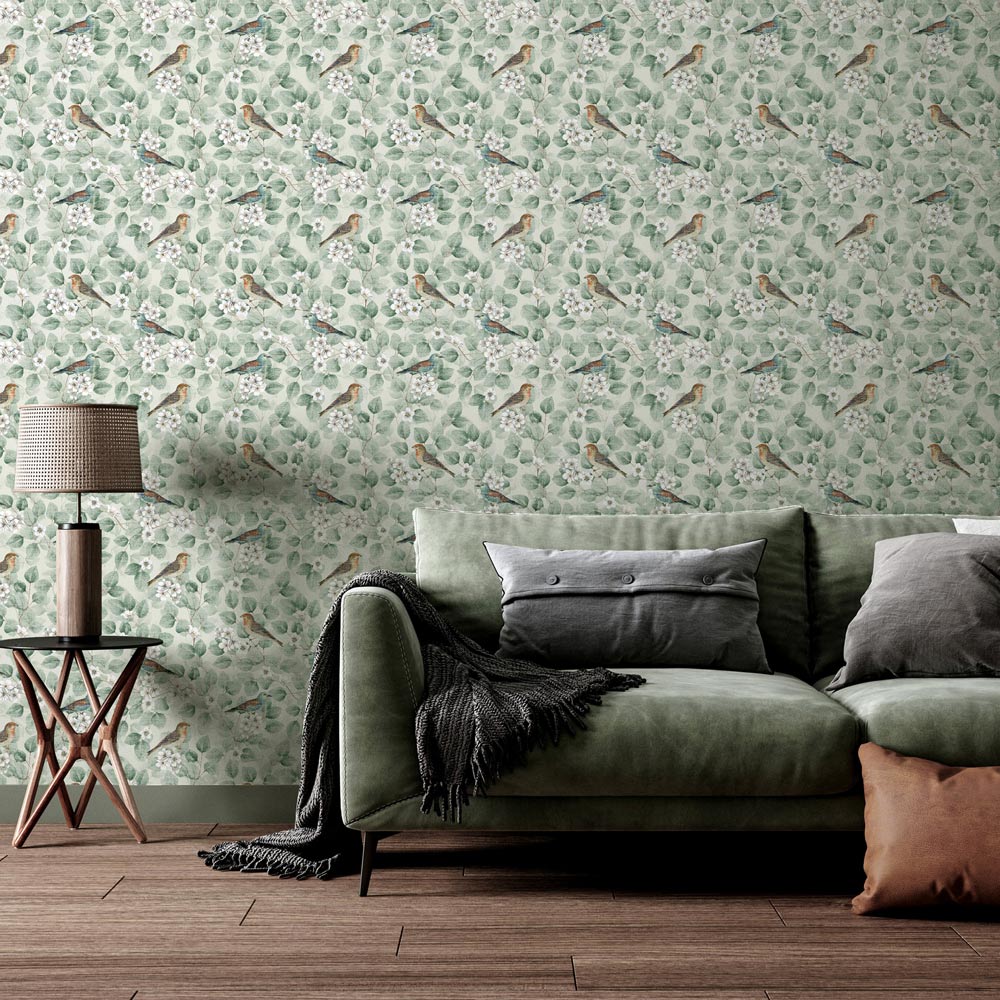 Arthouse Birds and Blossom Green Wallpaper Image 4