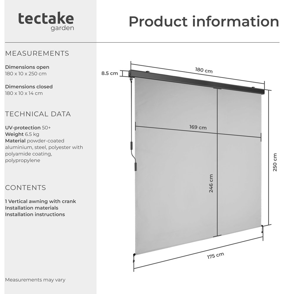 tectake Eloise Light Grey Vertical Awning with 2 Wall Bracket Image 8