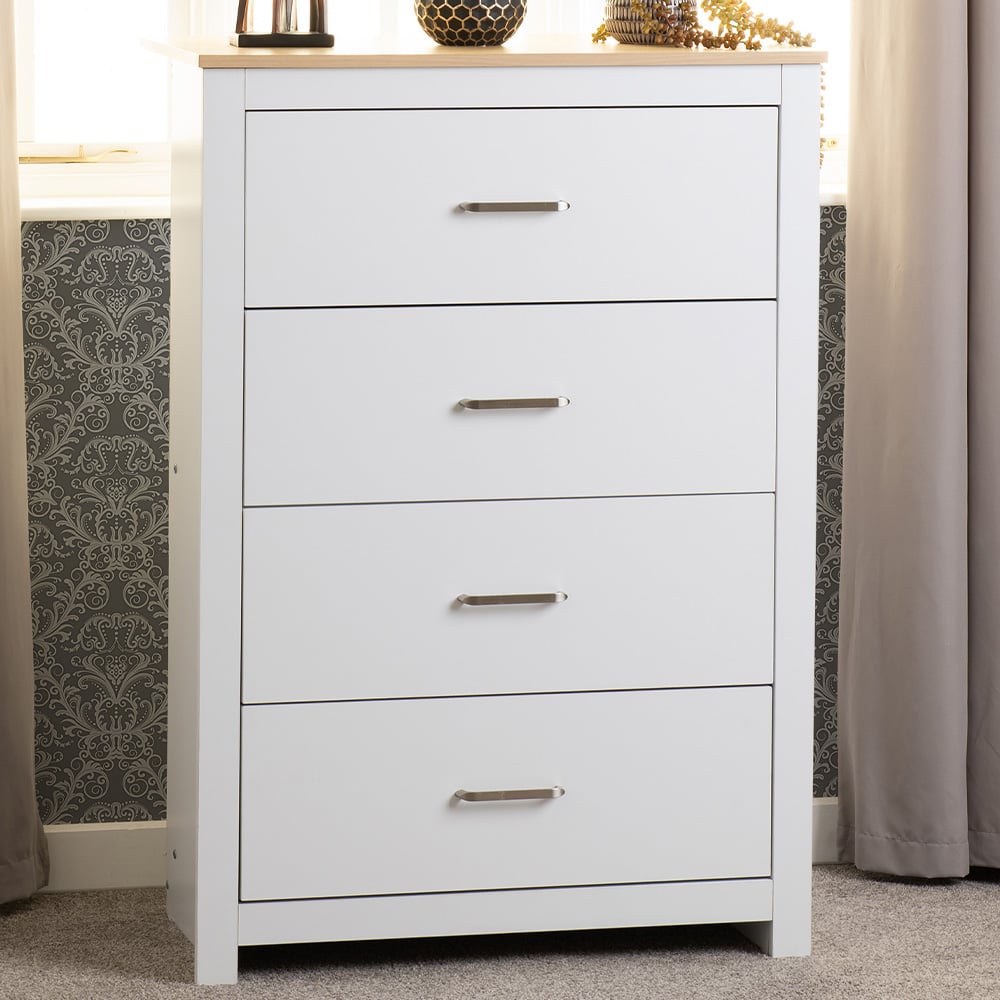 Seconique Portland 4 Drawer White and Oak Effect Chest of Drawers Image 1