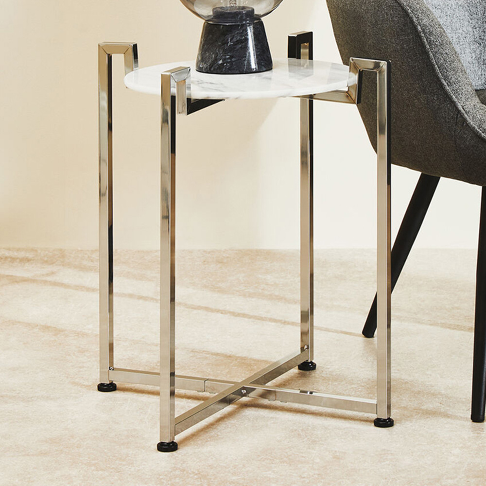 Premier Housewares White Marble Top Side Table with Chrome Base Image 1