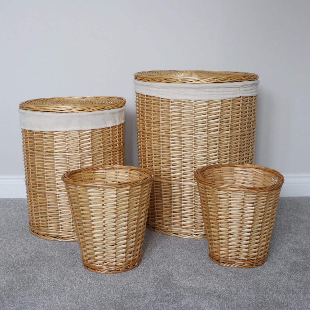 JVL 4 Piece Acacia Honey Round Willow Laundry and Waste Paper Basket Set Image 2