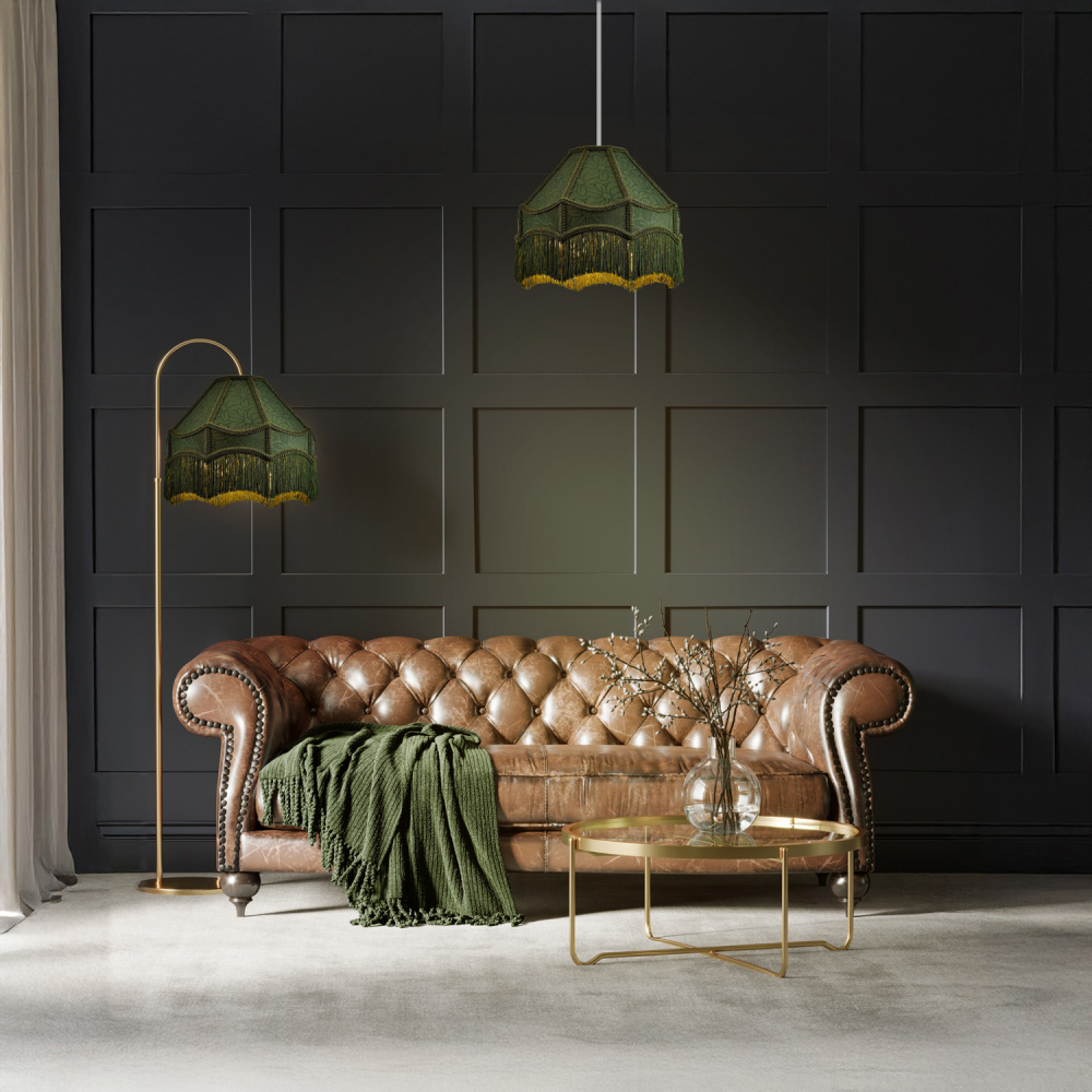 Happy Homewares Victorian Style Empire Forest Green Fabric with Tassels Pendant Shade Image 2