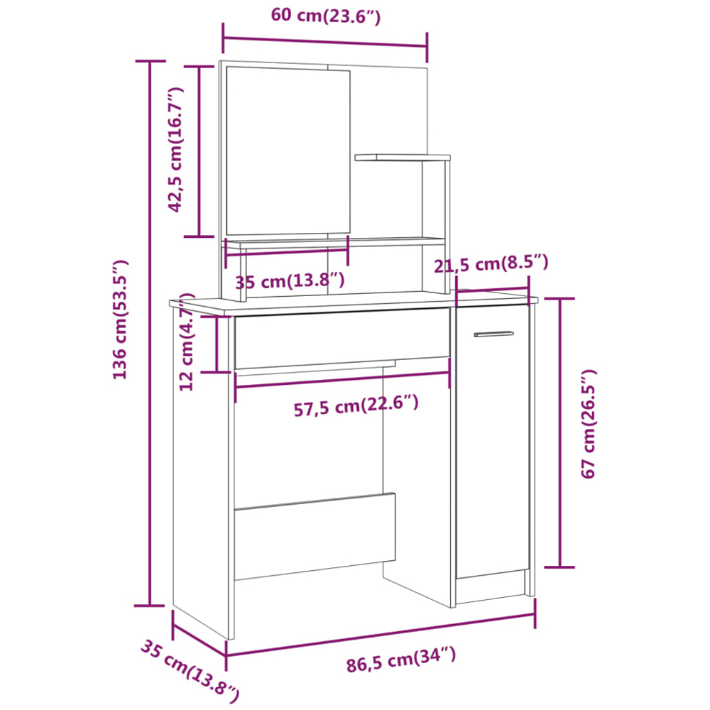 vidaXL Single Door Single Wide Drawer Concrete Grey Dressing Table with Mirror Image 9