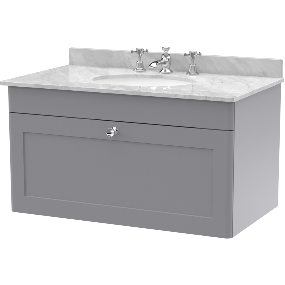 nuie Classique Single Drawer Satin Grey Wall Hung Unit and 3 Tap Hole Marble Basin 800mm Image 1