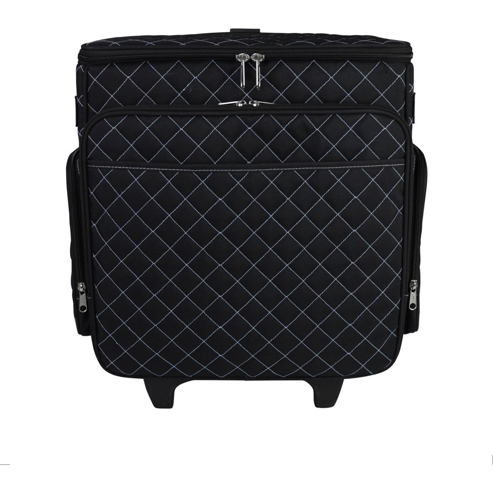 Everything Mary EVM13737-1 Quilted Black Blue Stitching Rolling Trolley Bag 35.6 x 20.3 x 38.7cm Image 2