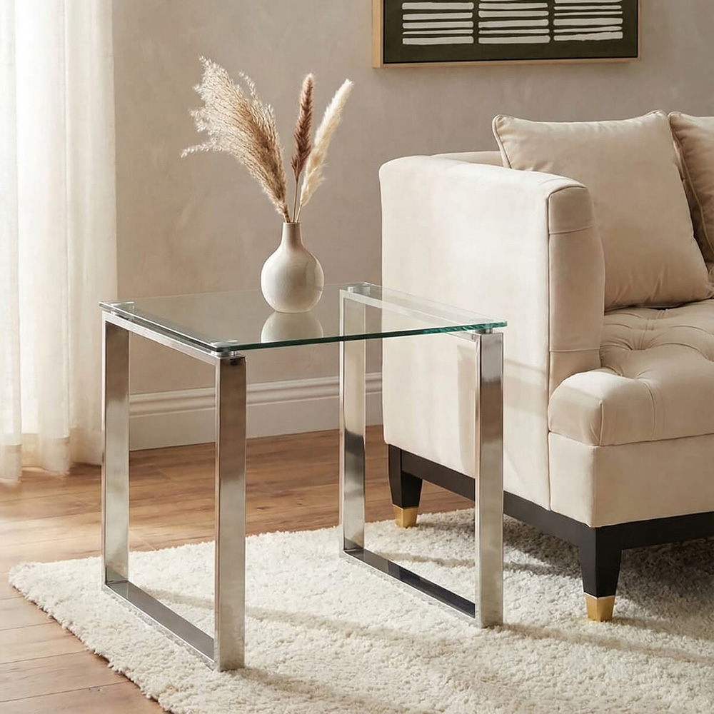 Premier Housewares Allure Silver Finish Square End Table with Glass Top Image 4