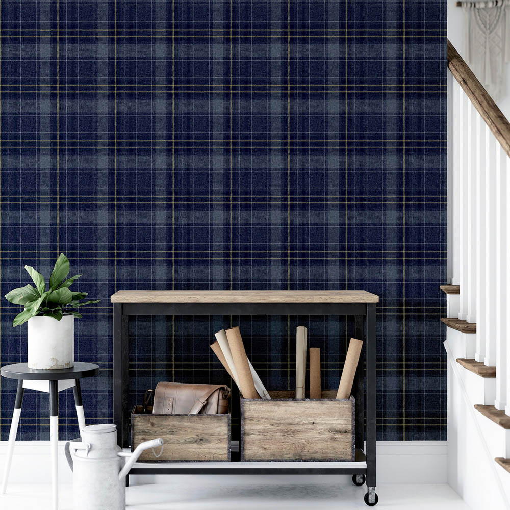 Arthouse Twilled Plaid Navy and Gold Wallpaper Image 4