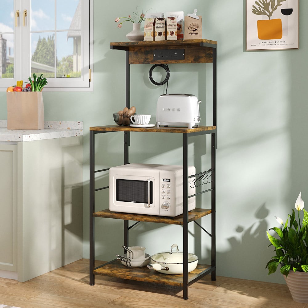 Living and Home 3-Tier Industrial Style Microwave Stand with Charging Station Image 2