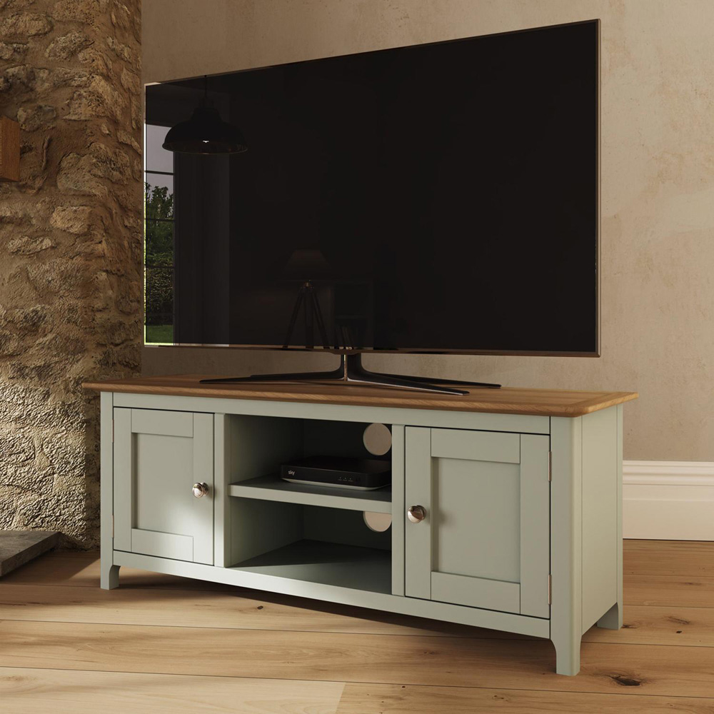 FWStyle Taberno 2 Door 2 Shelf Sage Green and Oak Wide TV Unit Image 8