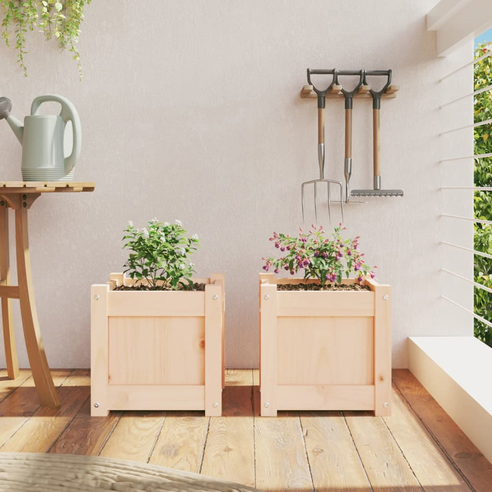vidaXL Natural Solid Pine Wood Garden Planter 31 x 31 x 31cm 2 Pack Image 2