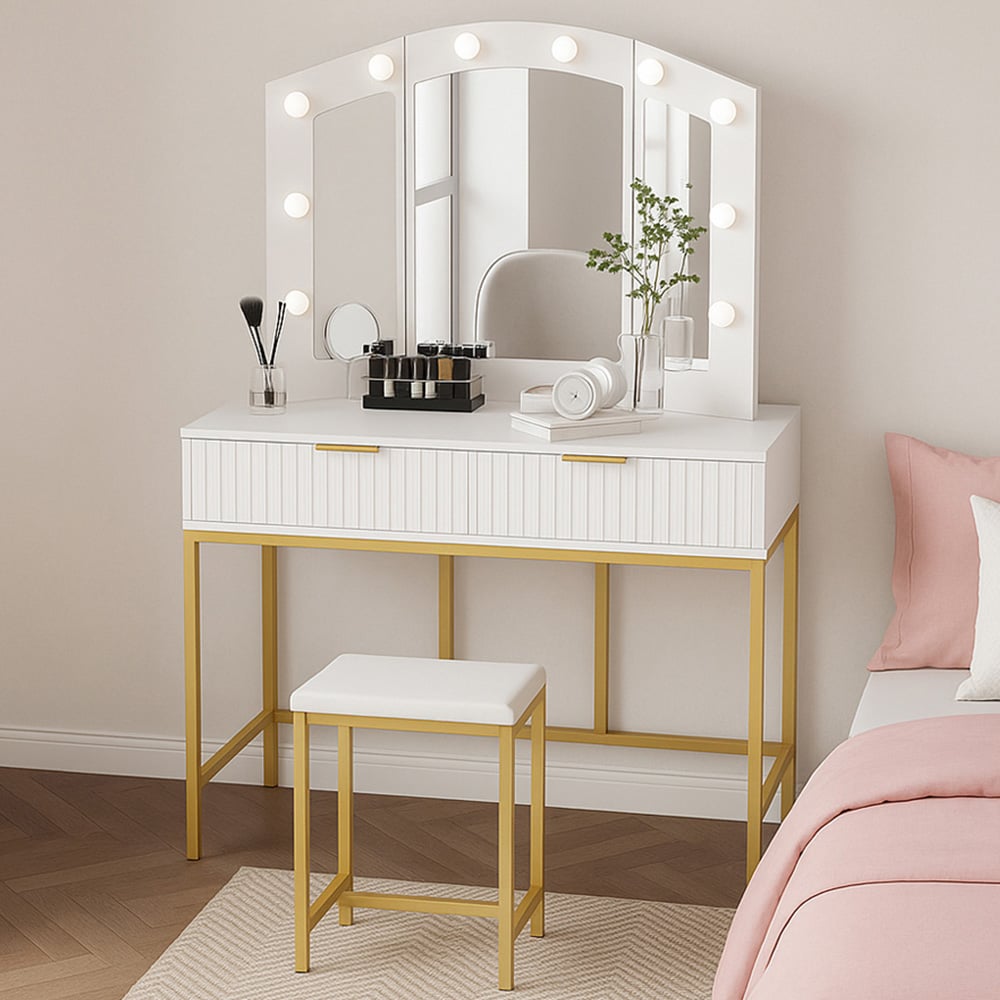 Kosy Koala Lilly 2 Drawer White and Gold Dressing Table Set with LED Mirror Image 1