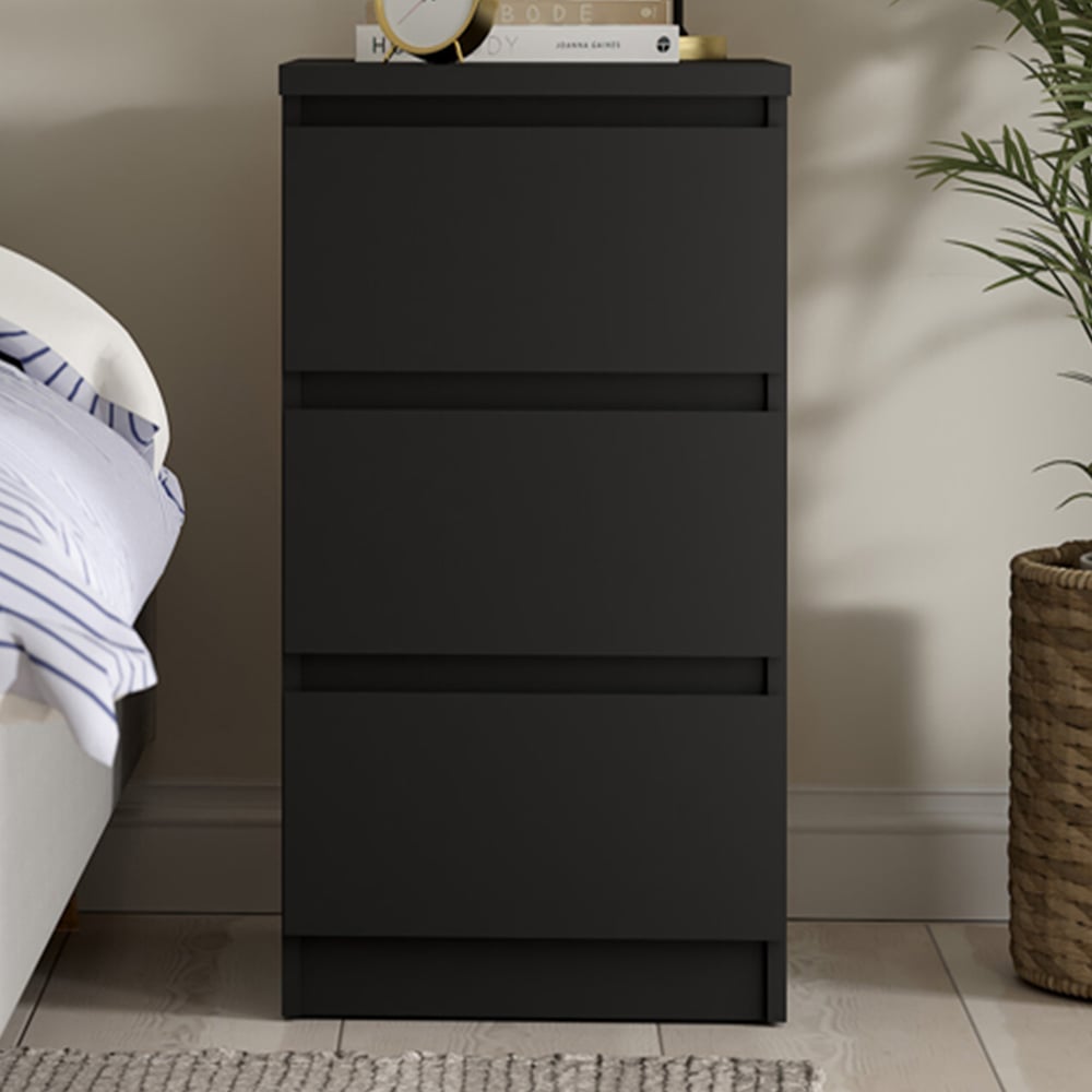 Florence 3 Drawer Matt Black Bedside Table Image 1