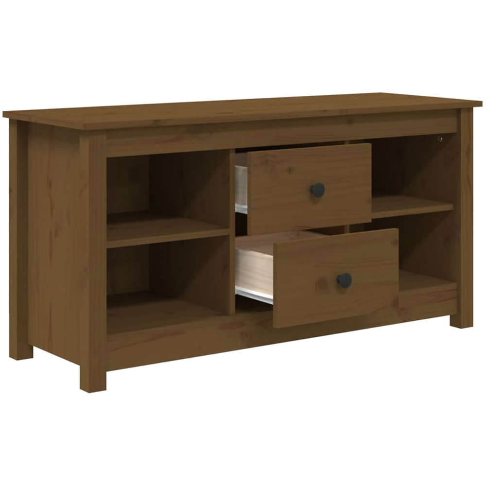vidaXL 2 Drawer 4 Shelf Honey Brown Solid Pine Wood TV Cabinet Image 4