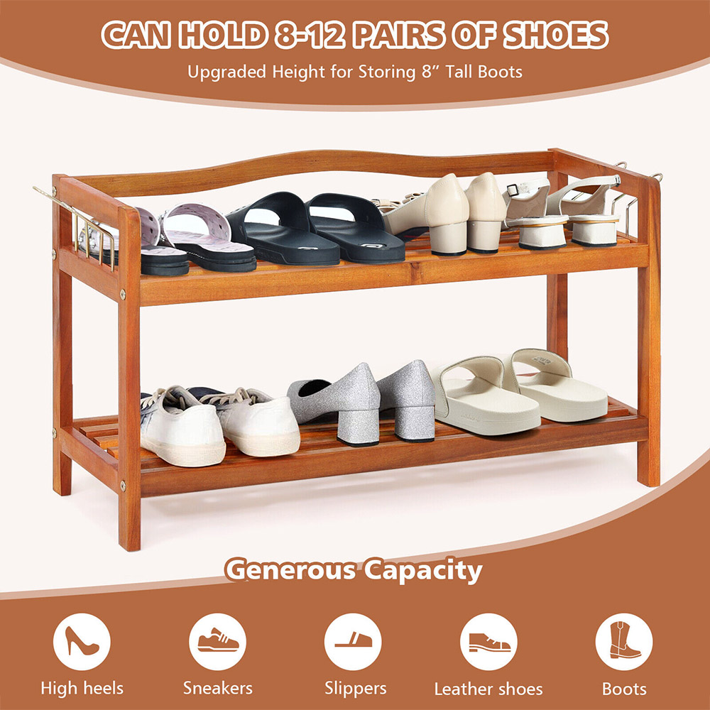 Costway 2 Shelf Acacia Wood Shoe Rack with Metal Hooks Image 5