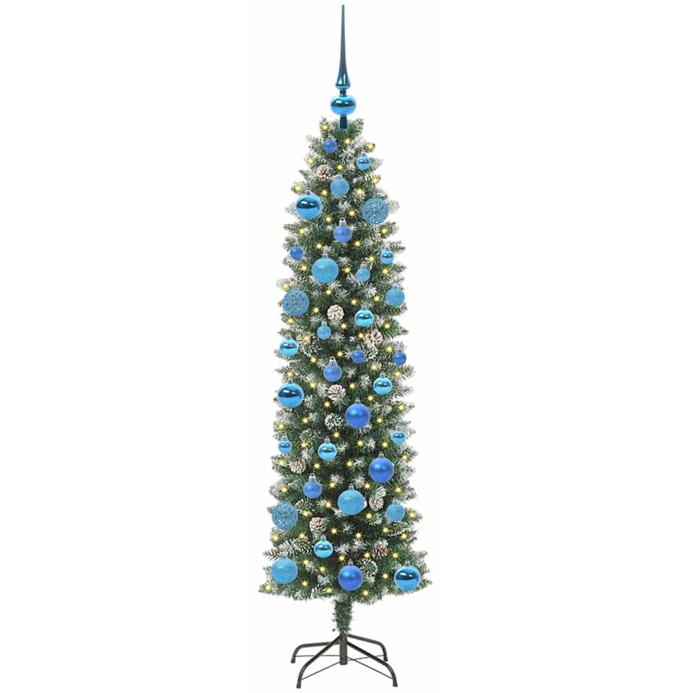 vidaXL Pre-Lit Warm White LED and Blue Baubles Green Slim Artificial Christmas Tree 5ft Image 2