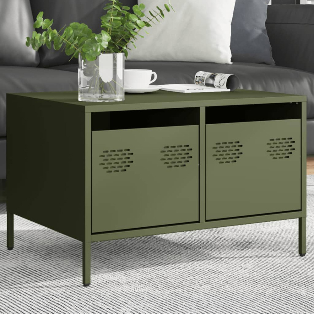 vidaXL 2 Drawer Olive Green Steel Broad TV Cabinet Image 1