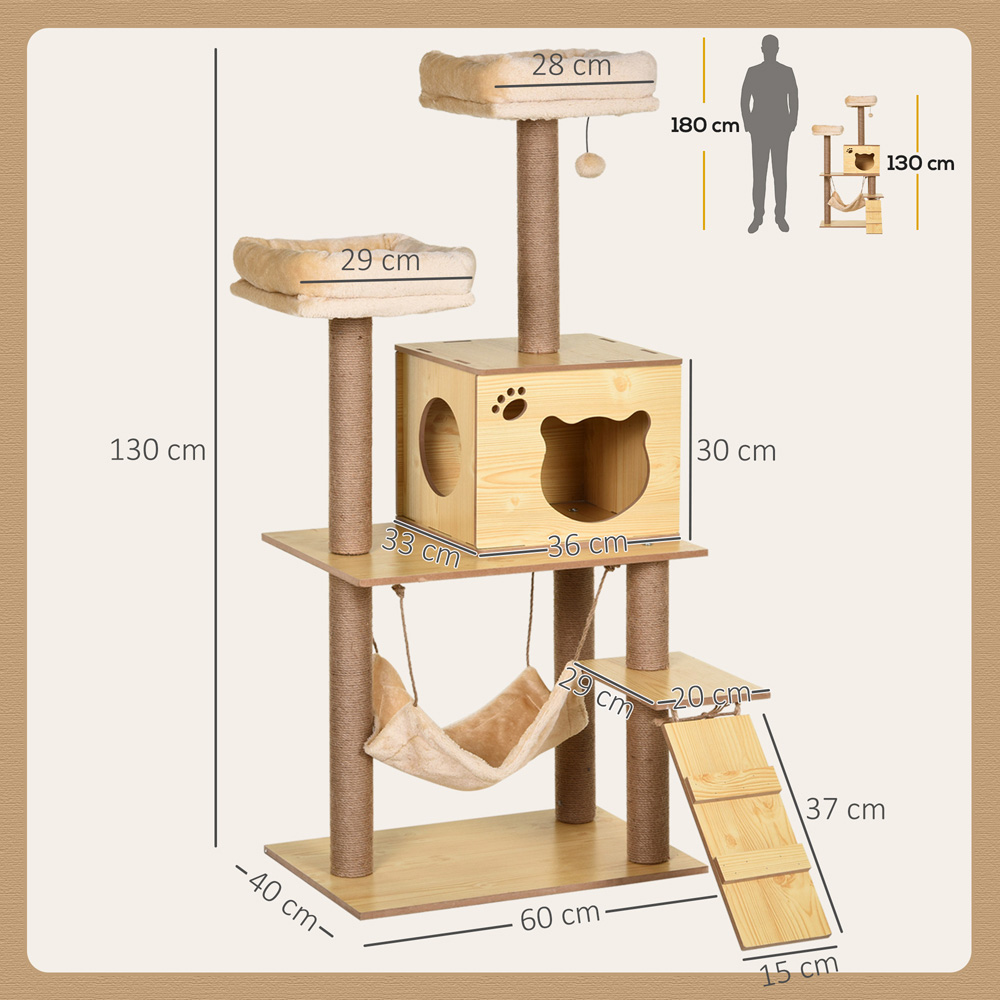 PawHut Yellow Large Cat Tree with Scratching Posts and Toy Ball 130cm Image 9