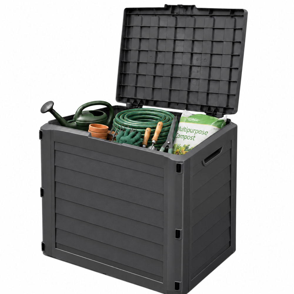 Neo 140L Dark Grey Wood-Effect Lockable Weather-Resistant Garden Storage Box Image 3