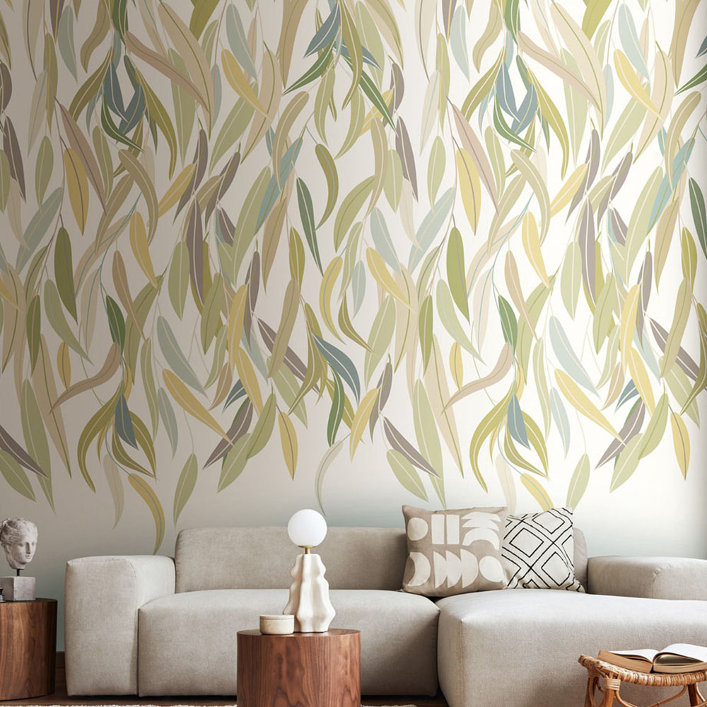 Origin Murals Repeatable Willow Leaf Vine Olive and Stone 3 Drop Wall Mural Image 1