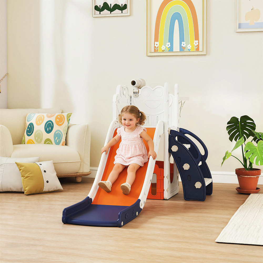 AIYAPLAY 5-in-1 Orange Indoor Toddler Slide Set with Basketball Hoop Image 2