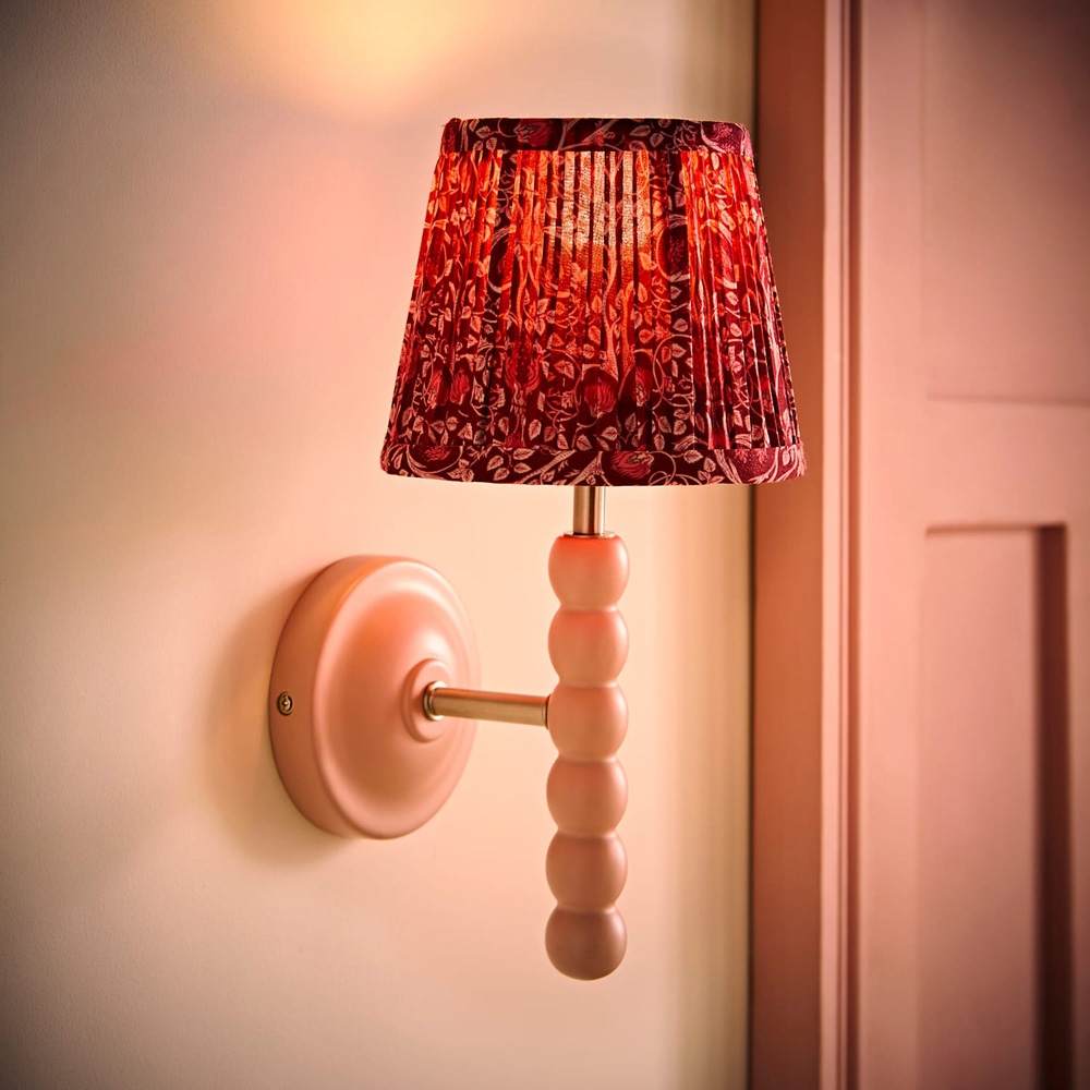 ValueLights Bobble Burgundy Floral Pleated Shade Pink Wooden Wall Light with Bulb Image 2