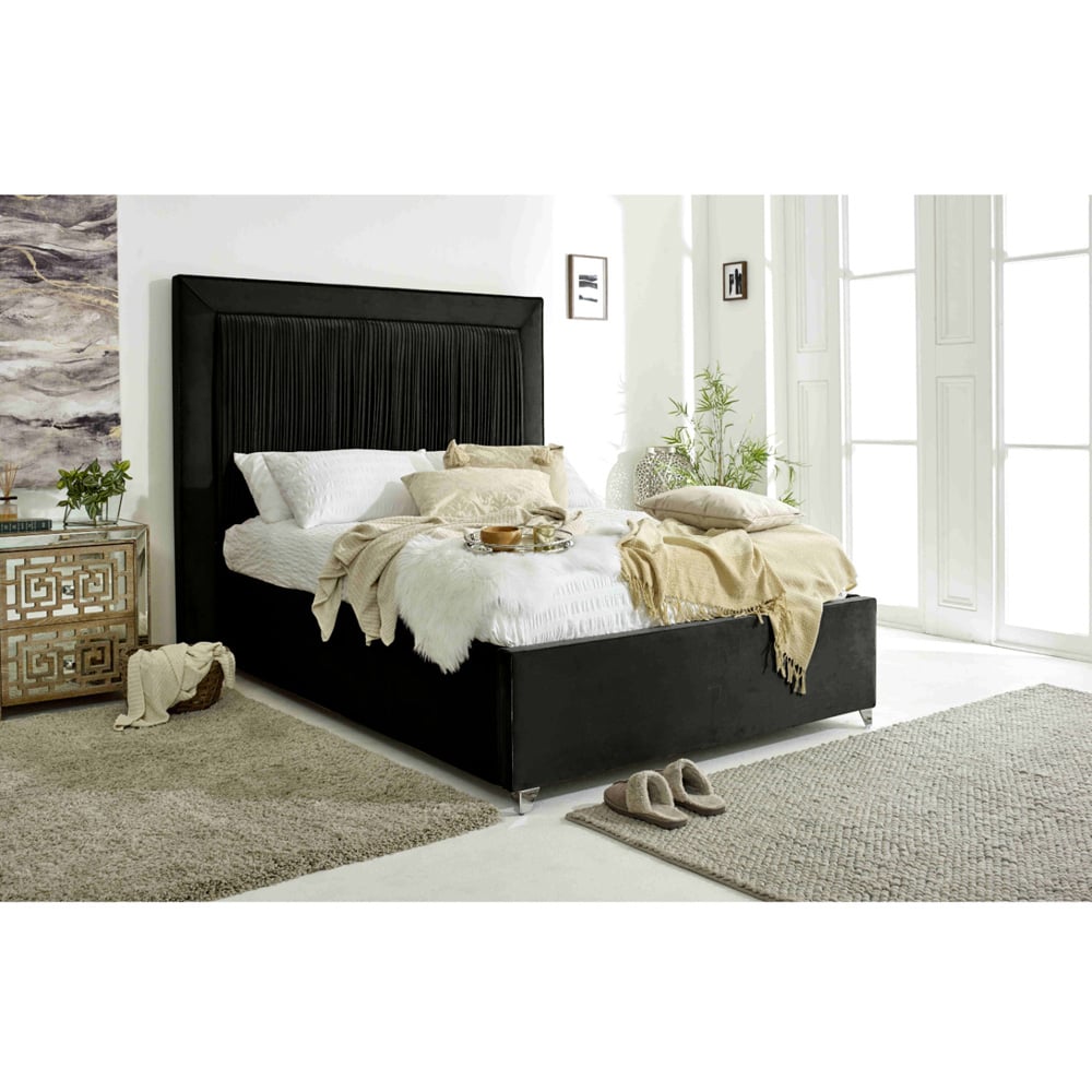 Eleganza Alexandra Small Double Black Plush Velvet Bed Frame with Pleated Headboard Image 6