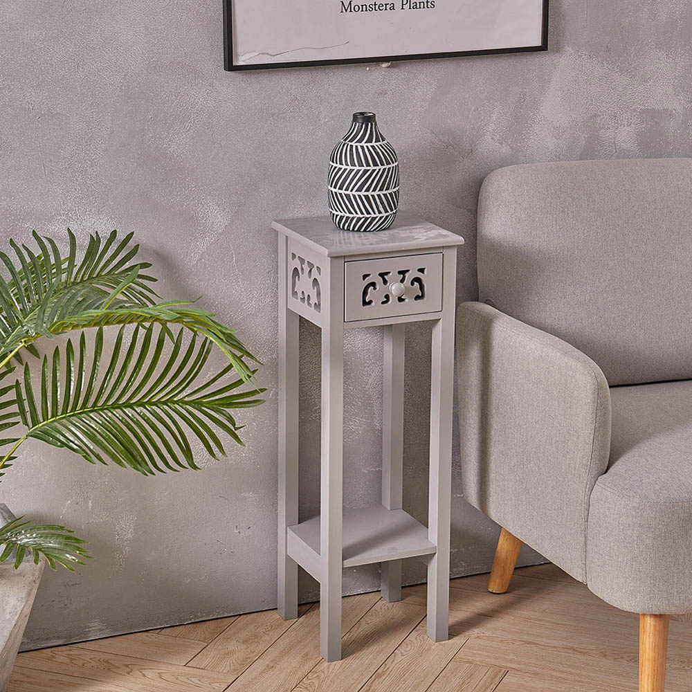 Living and Home Grey Wooden Plant Stand with Drawer Image 2