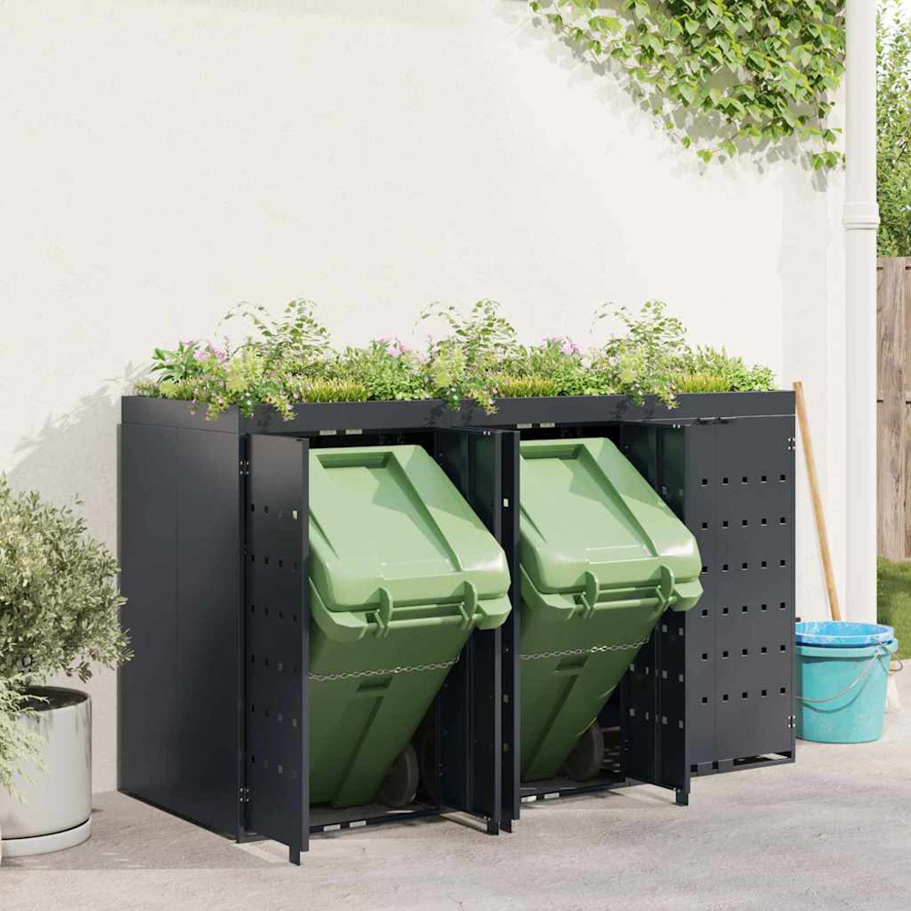 vidaXL Anthracite 3 Wheelie Bin Storage Shed with Planter Roof Image 2