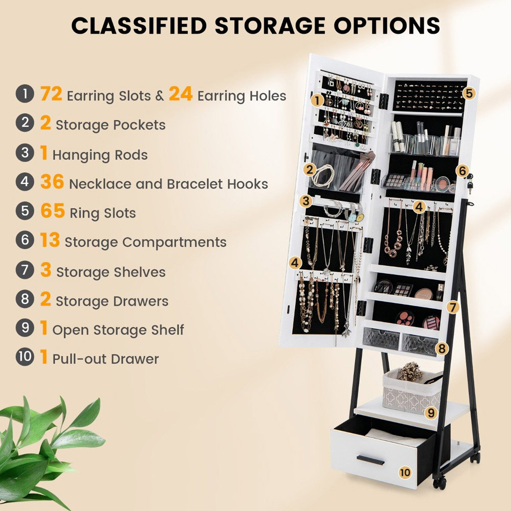Costway White Lockable Mirrored Jewellery Cabinet Image 7
