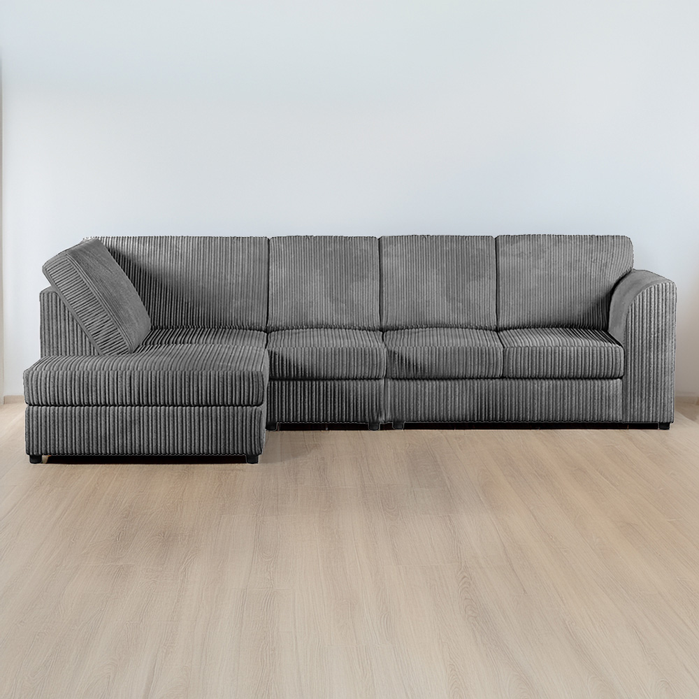 Luxor 4 Seater Grey Jumbo Cord Left Hand Facing Full Back L Shaped Corner Sofa Set Image 1