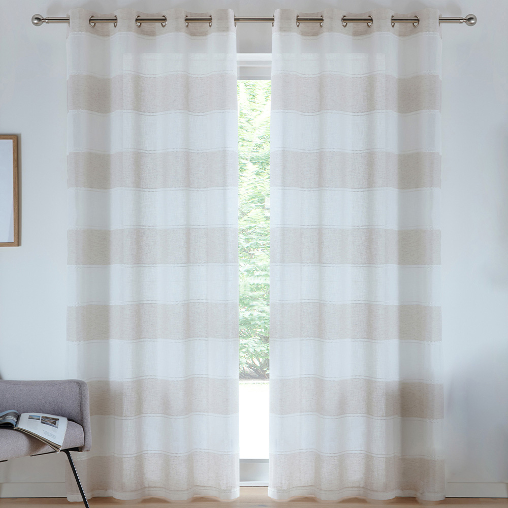 Tyrone Textiles Santorini Natural Linen Look Striped Eyelet Voile Panel Curtains 140 x 183cm Image 1