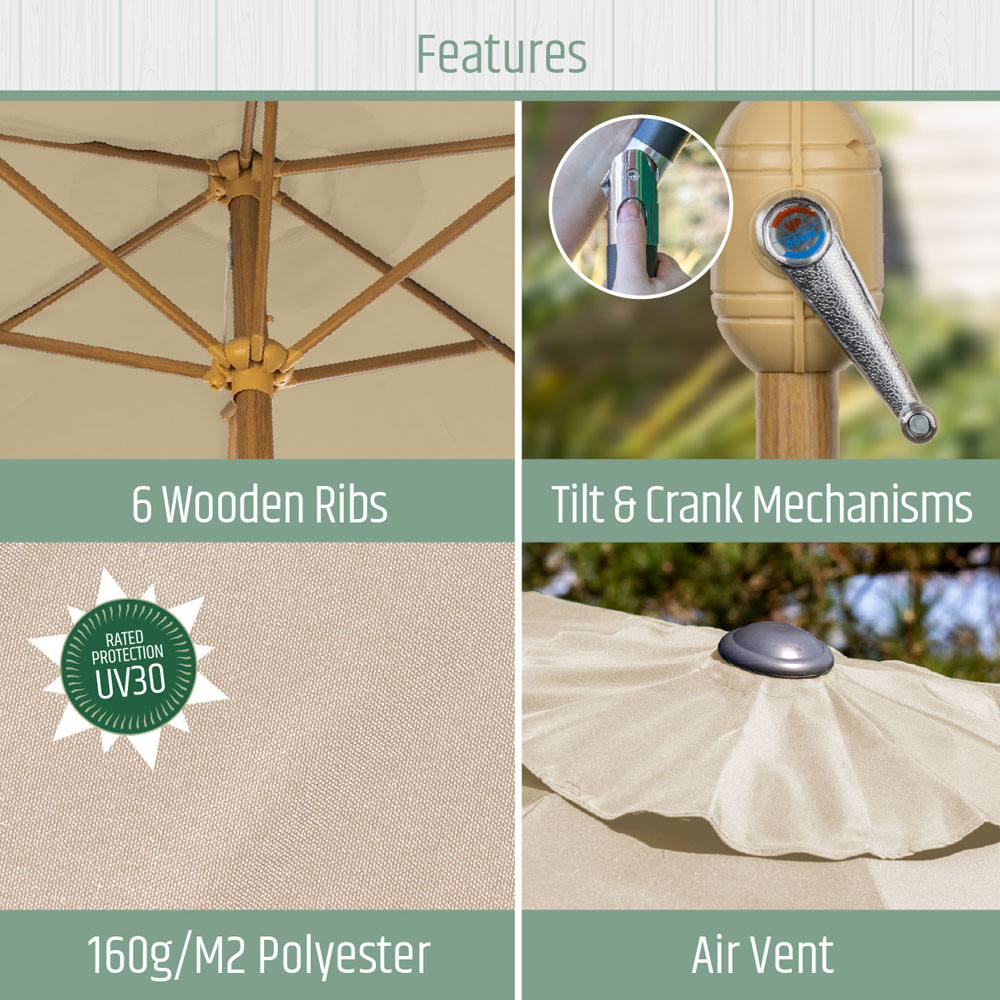 Gardenkraft Beige Crank and Tilt Wooden Parasol 2.7m Image 3