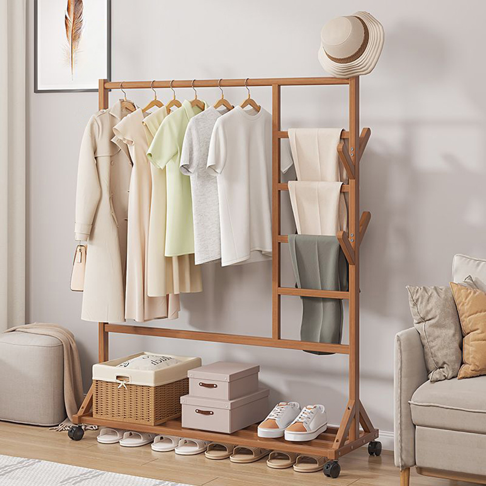 H&O Direct Single Shelf Bamboo Garment Rack with Wheels and Hangers Image 2