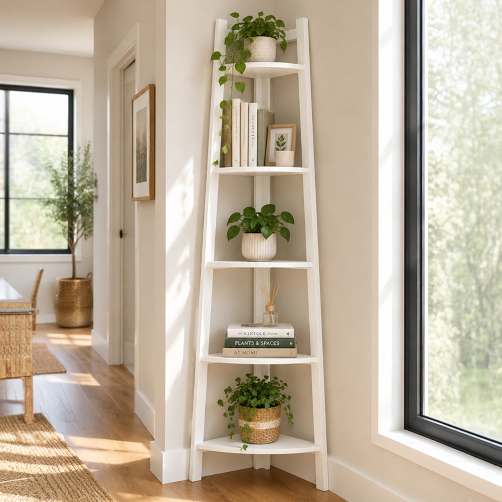 Modcraft 5-Tier White Ladder Corner Bookshelf Image 1
