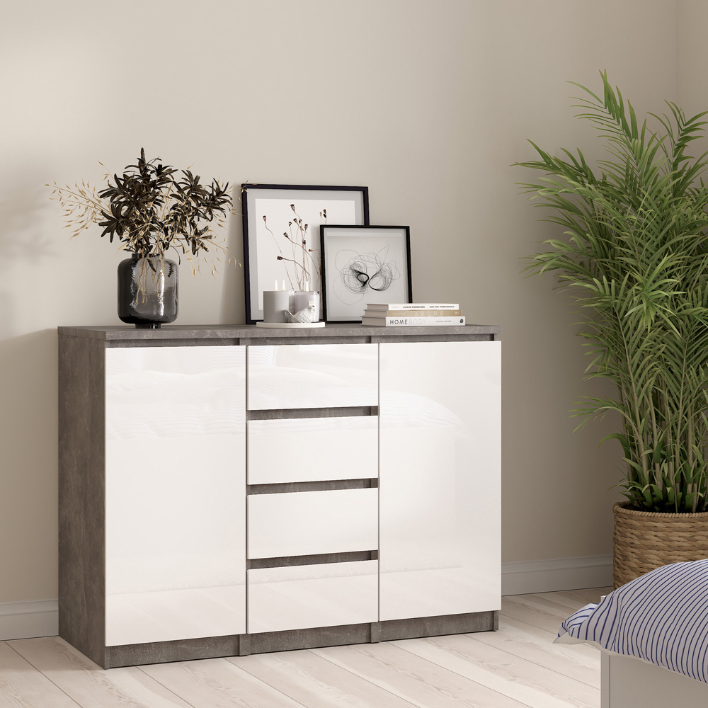 Florence 2 Door 4 Drawer Concrete and White High Gloss Sideboard Image 6