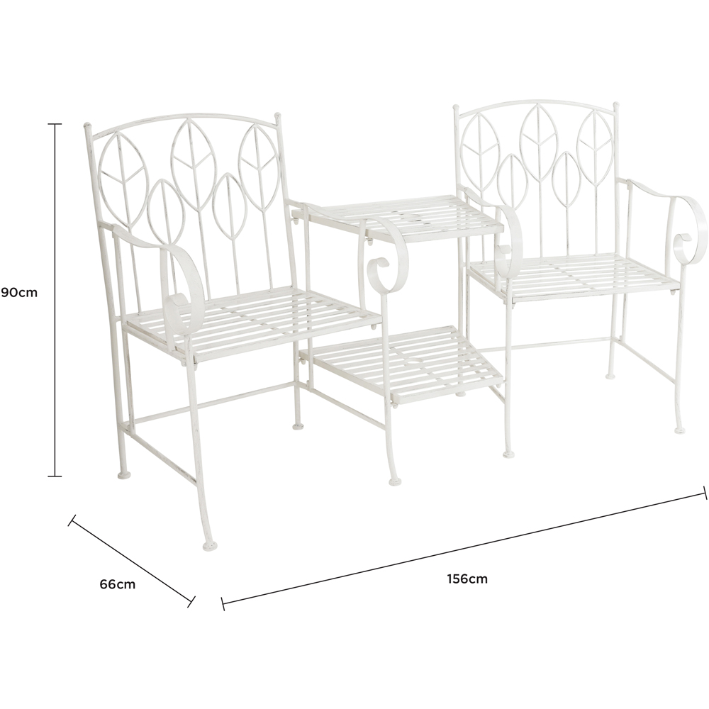 Charles Bentley 2 Seater Antique White Rustic Metal Leaf Pattern Garden Companion Seat Image 9