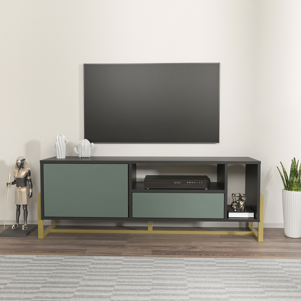 Decorotika Utopie Single Drawer Single Door 2 Shelf Black and Green TV Unit Image 6