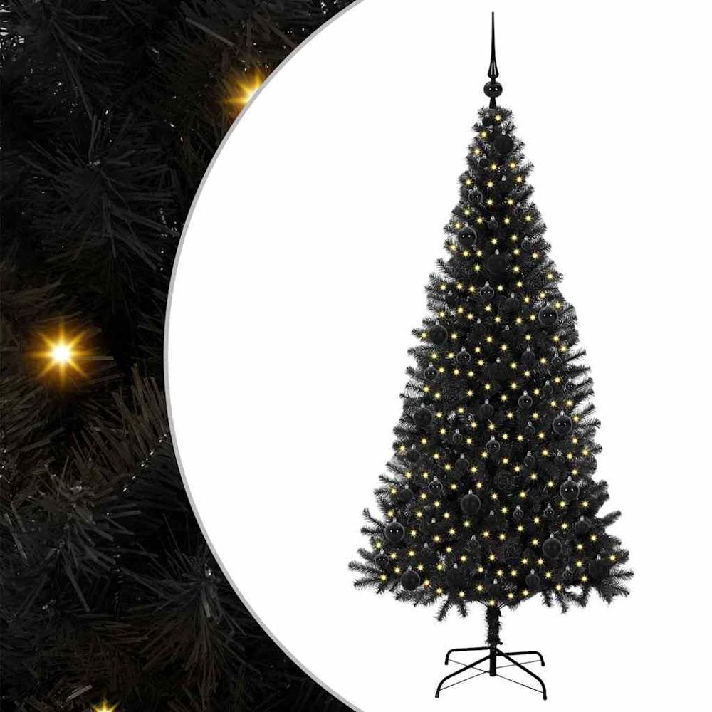 vidaXL Pre-Lit Black Baubles Black Artificial Christmas Tree 6ft Image 2