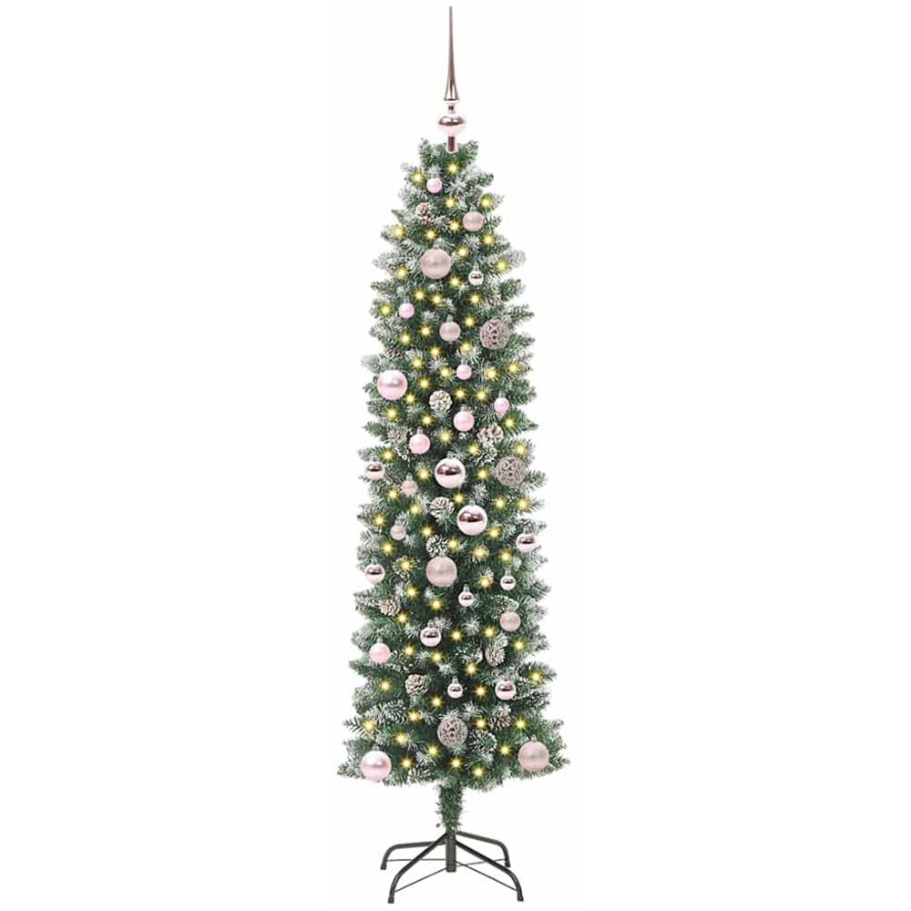 vidaXL Pre-Lit Warm White LED and Pink Baubles Green Slim Artificial Christmas Tree 5ft Image 2