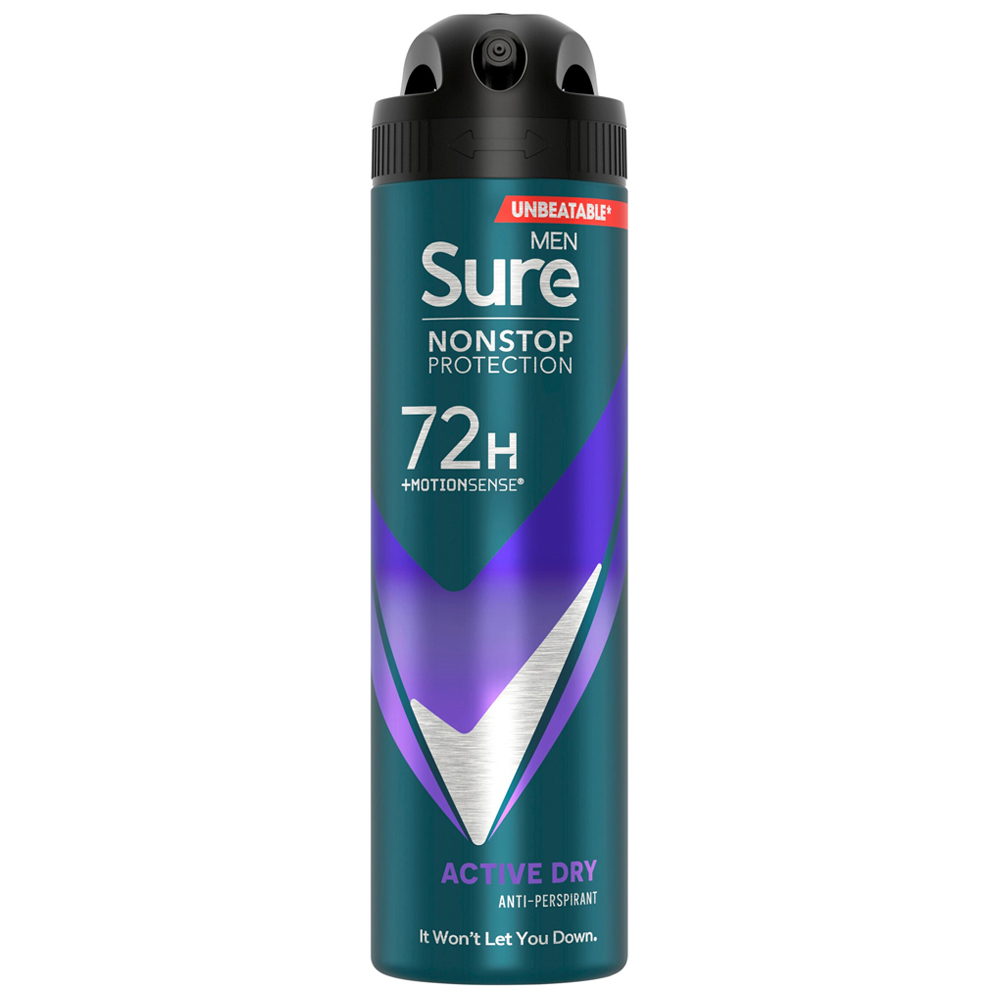 Sure Men Nonstop Protection Active Dry Antiperspirant Deodorant Aerosol 150ml Image 1