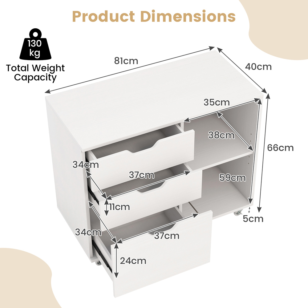 Costway 3 Drawer 2 Shelf Mobile File Cabinet White Image 9